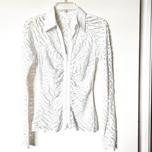 Stunning NWOT Cache White Stretch Lace Sheer Zip Front Blouse, Size S/M